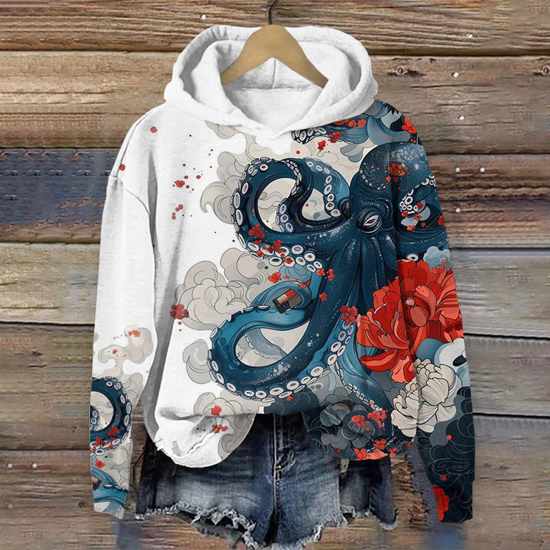 Unisex Japanese Samurai Octopus Pattern Art Print Long Sleeved Hoodie - White - US44-46(8XL) - image 1