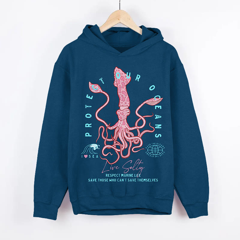 Unisex Protect Our Oceans Squid Pattern Art Print Long Sleeved Hoodie - Dark Blue - US44-46(8XL) - image 2