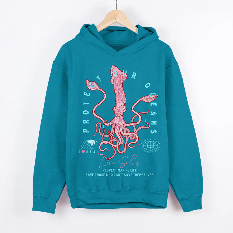 Unisex Protect Our Oceans Squid Pattern Art Print Long Sleeved Hoodie - Lake Blue - US44-46(8XL) - image 1