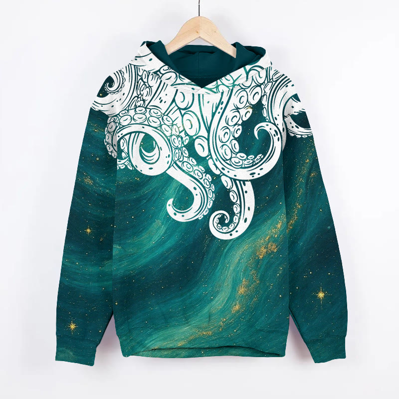 Unisex Japanese Aurora Octopus Tentacle Pattern Art Print Long Sleeved Hoodie - Silver - US44-46(8XL) - image 2