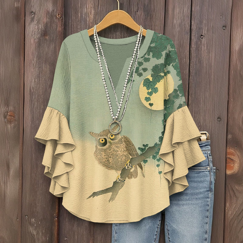 Funny Owl On The Branch Print V-neck Half Sleeve Blouse - Apricot - 5XL - image 1