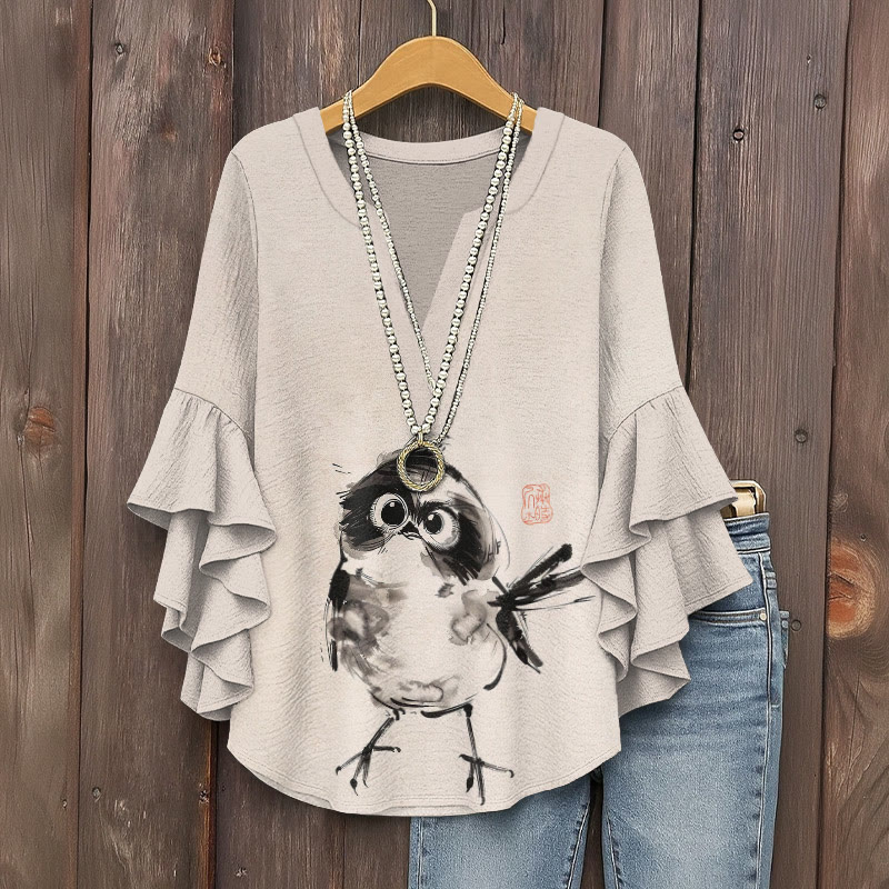 Japanese Ink Watercolor Bird Print V-neck Half Sleeve Blouse - Apricot - 5XL - image 1