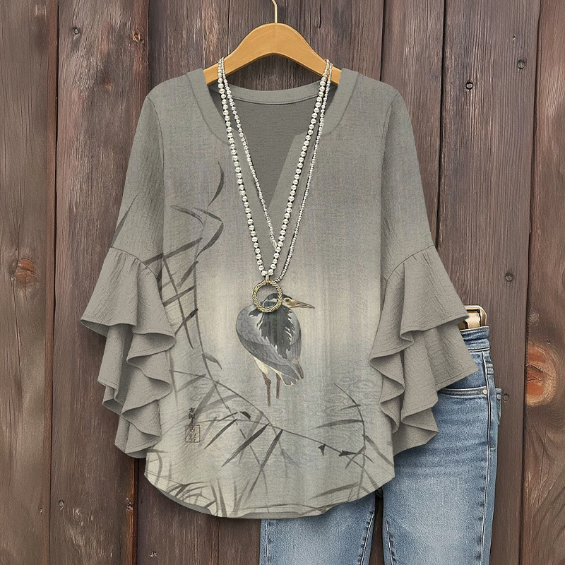 Lonely Bird In A Raining Day Print V-neck Half Sleeve Blouse - Grey - 5XL - image 1