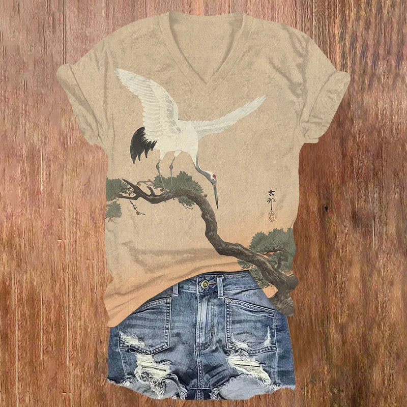Japanese Retro Crane Art Pattern Print Short Sleeved V-neck T-shirt - Apricot - US32-34(5XL) - image 1