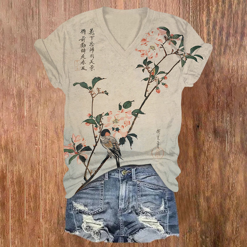 Vintage Gradient Floral Bird Art Pattern Print Short Sleeved V-neck T-shirt - Apricot - US32-34(5XL) - image 1