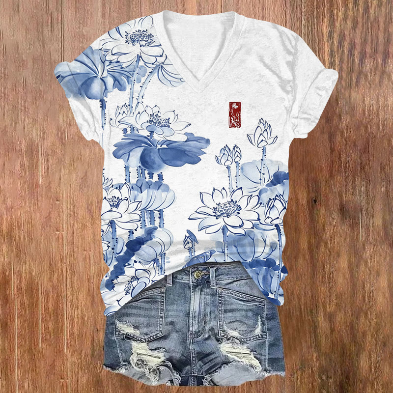 Vintage Blue White Porcelain Lotus Flower Art Pattern Print Short Sleeved V-neck T-shirt - White - US32-34(5XL) - image 1