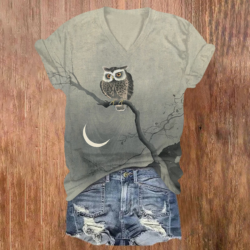 Japanese Ukiyo-e Owl And Moon Art Pattern Print Short Sleeved V-neck T-shirt - Light Gray - US32-34(5XL) - image 1