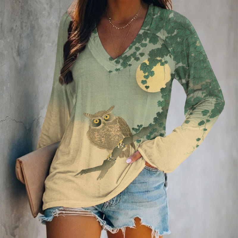 Funny Owl On The Branch Art Print Long Sleeve T-shirt - Green - 5XL - image 1