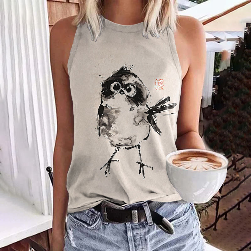 Japanese Ink Watercolor Bird Art Print Crew Neck Tank Top - Apricot - 5XL - image 1