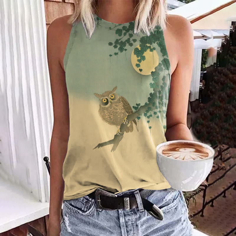 Funny Owl On The Branch Art Print Crew Neck Tank Top - Apricot - 5XL - image 1