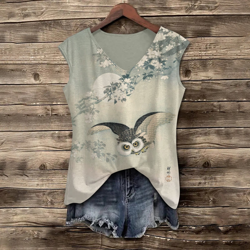 Vintage Flying Owl & Floral Print V-neck Tank Top - Apricot - 5XL - image 1