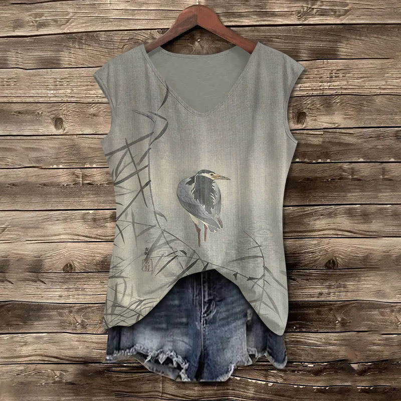 Lonely Bird In A Raining Day Print V-neck Tank Top - Grey - 5XL - image 1