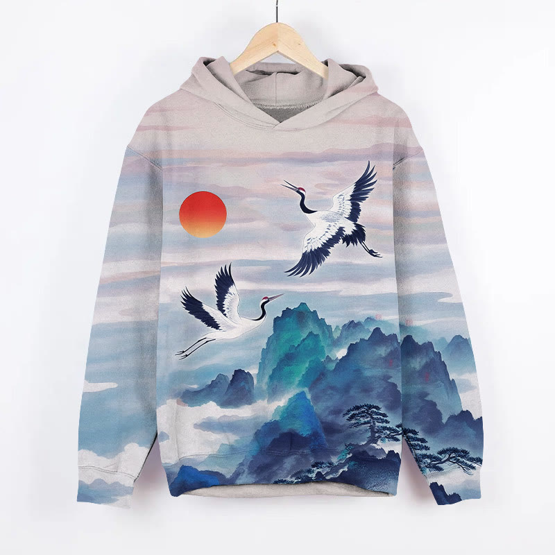 Japanese Watercolor Cranes Flying Over The Mountain Art Print Long Sleeve Hoodie - Blue - US44-46(8XL) - image 2