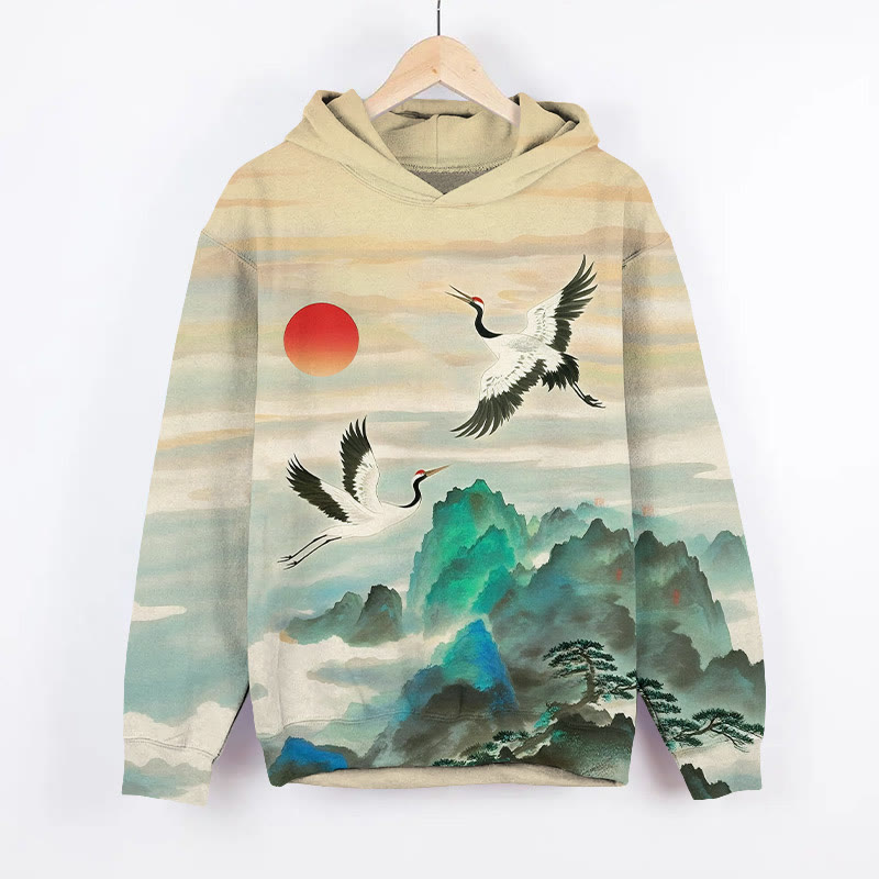 Japanese Watercolor Cranes Flying Over The Mountain Art Print Long Sleeve Hoodie - Yellow - US44-46(8XL) - image 1