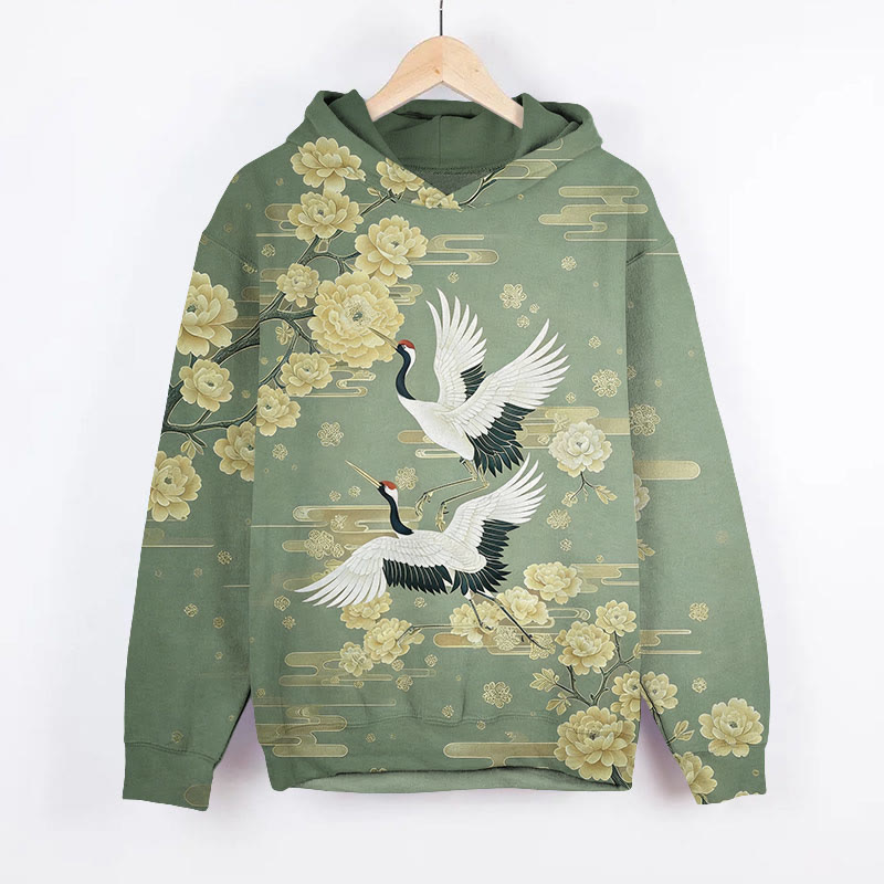 Vintage White Crane & Golden Floral Pattern Art Print Long Sleeve Hoodie - Green - US44-46(8XL) - image 3