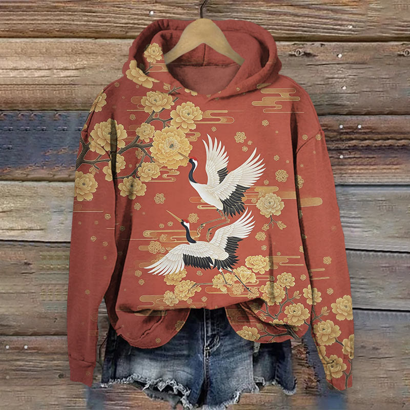 Vintage White Crane & Golden Floral Pattern Art Print Long Sleeve Hoodie - image 2