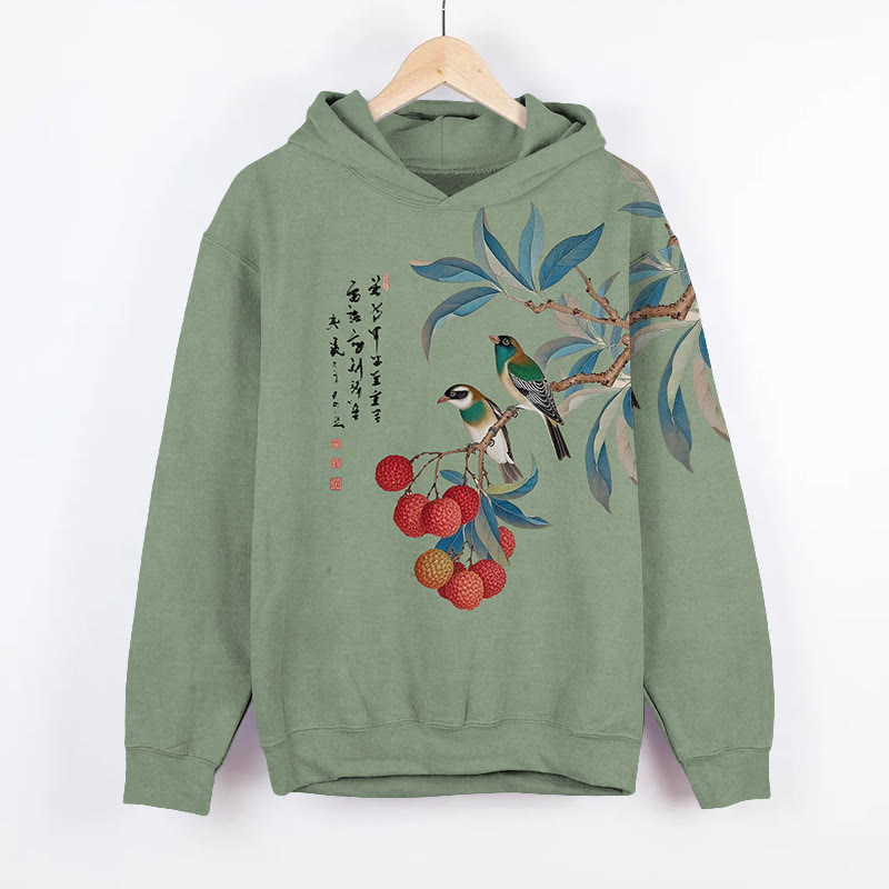 Vintage Watercolor Litchi & Birds Art Print Long Sleeve Hoodie - Green - US44-46(8XL) - image 2