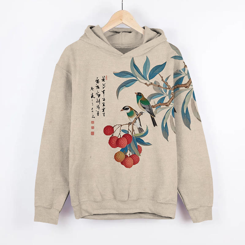 Vintage Watercolor Litchi & Birds Art Print Long Sleeve Hoodie - Apricot - US44-46(8XL) - image 1