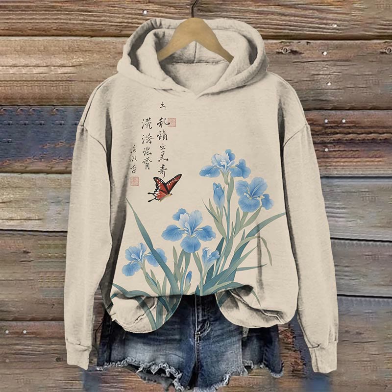 Japanese Watercolor Iris Blossom Art Print Long Sleeve Hoodie - Apricot - US44-46(8XL) - image 1
