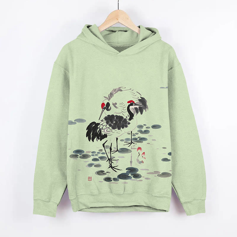 Creative Ink  Watercolor Cranes Art Print Long Sleeve Hoodie - Green - US44-46(8XL) - image 2
