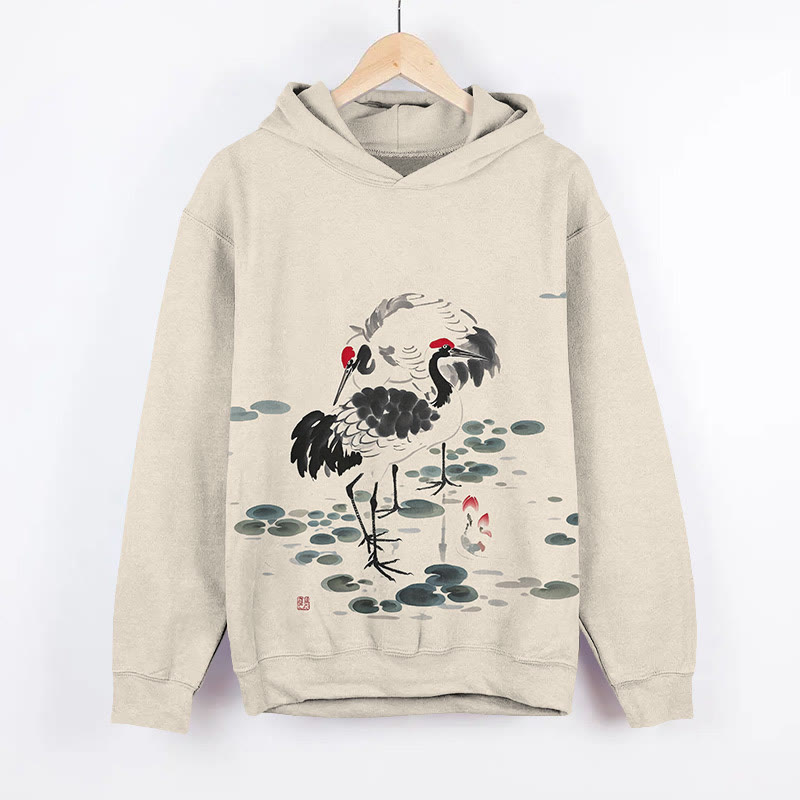 Creative Ink  Watercolor Cranes Art Print Long Sleeve Hoodie - Apricot - US44-46(8XL) - image 1