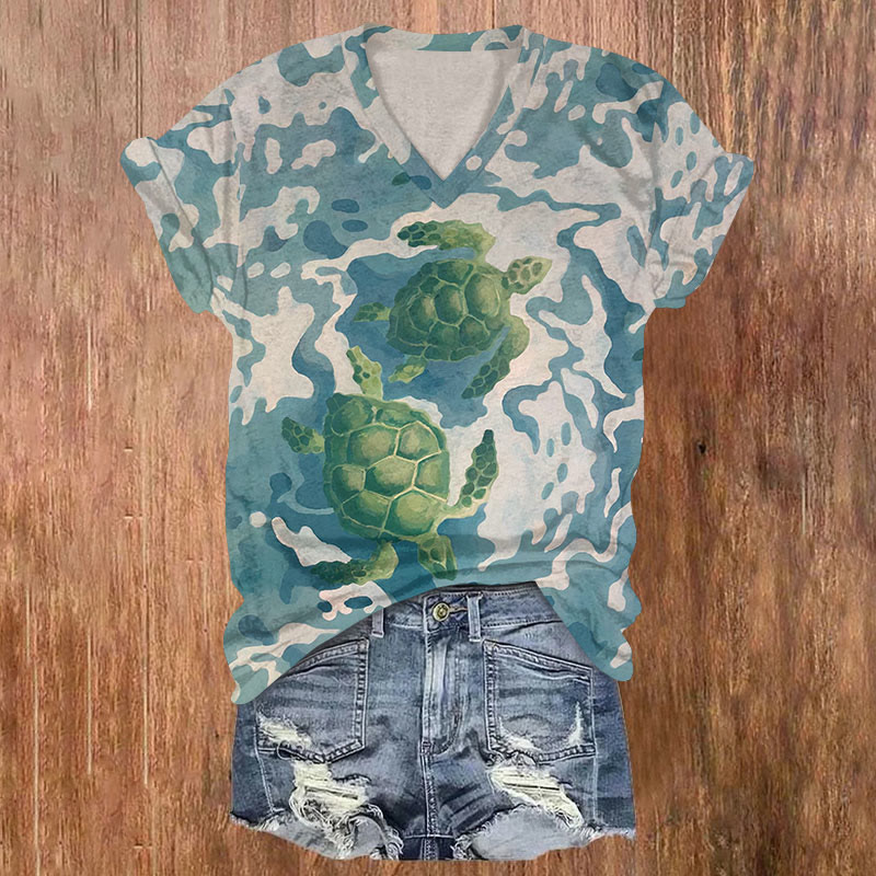 Sea Turtle Wave Pattern Art Print Short Sleeved V-neck T-shirt - Blue - US32-34(5XL) - image 1