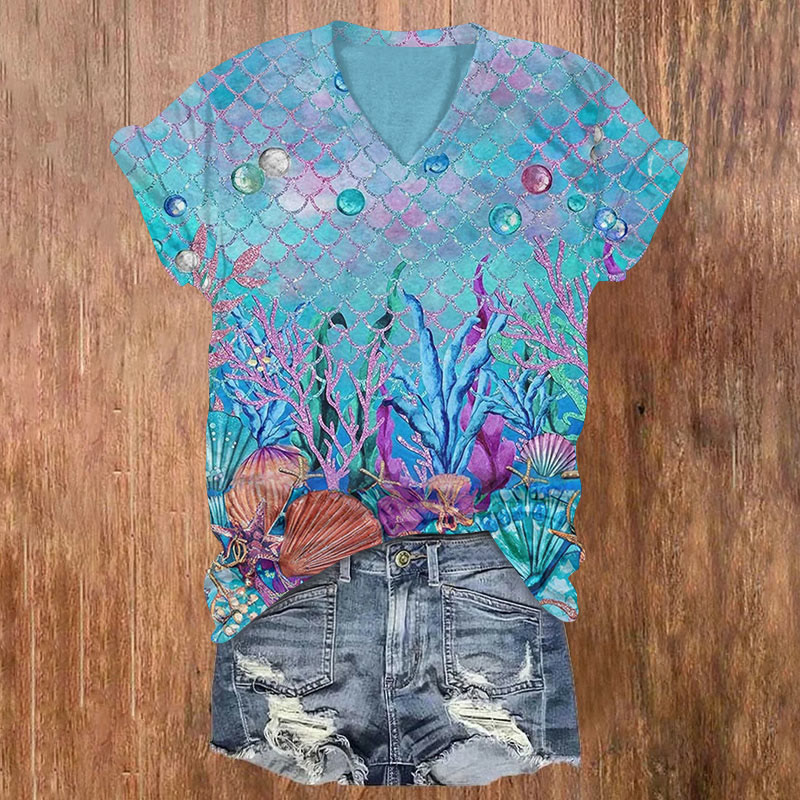 Ocean Mermaid Shell & Coral Art Print Short Sleeved V-neck T-shirt - Blue - US32-34(5XL) - image 1