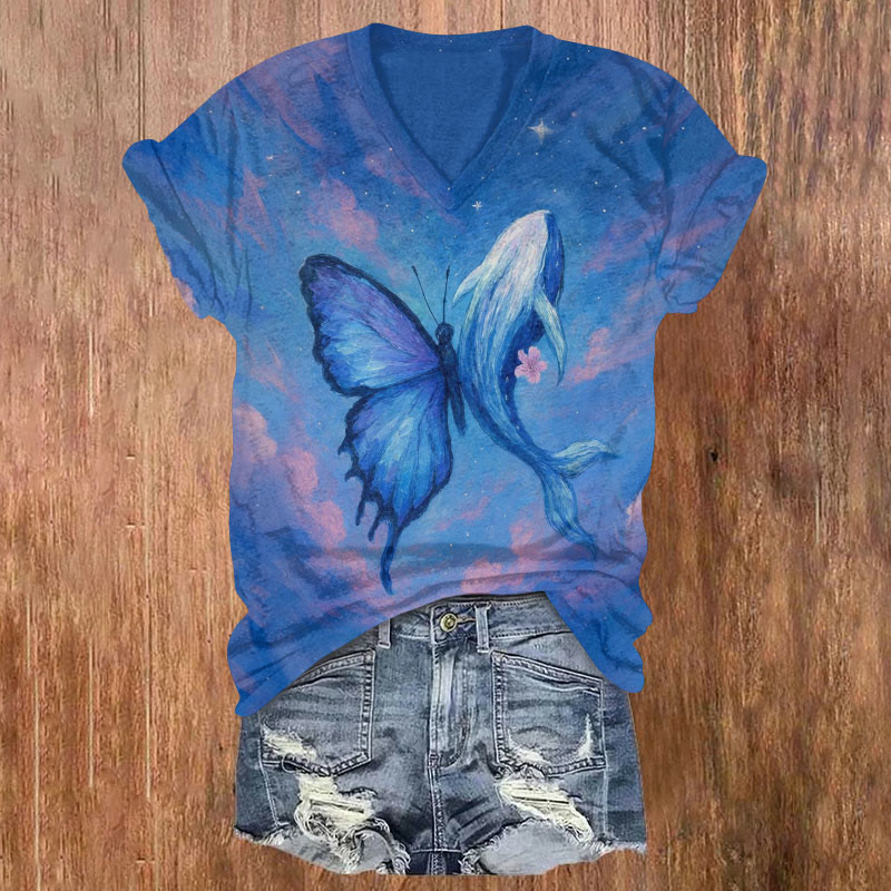 Dreamy Butterfly And Whale Art Print Short Sleeved V-neck T-shirt - Blue - US32-34(5XL) - image 1