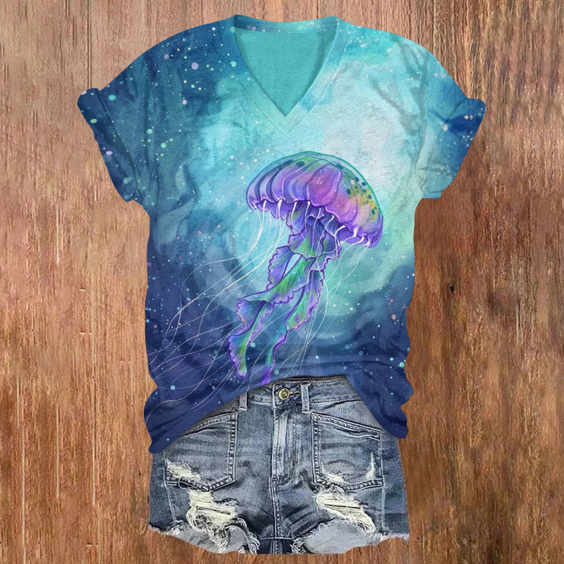 Underwater Jellyfish Art Print Short Sleeved V-neck T-shirt - Blue - US32-34(5XL) - image 1