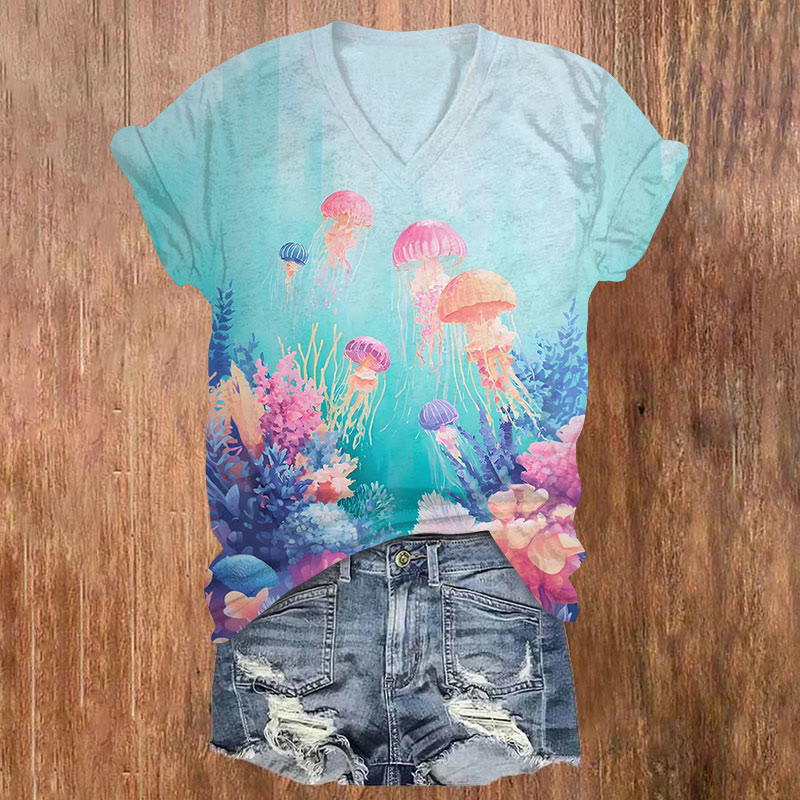 Underwater Coral Reef&jellyfish Art Print Short Sleeved V-neck T-shirt - Lake Blue - US32-34(5XL) - image 1