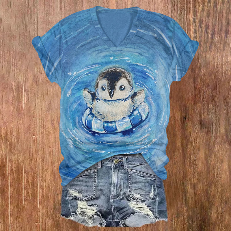 Cute Penguin Art Print Short Sleeved V-neck T-shirt - Blue - US32-34(5XL) - image 1