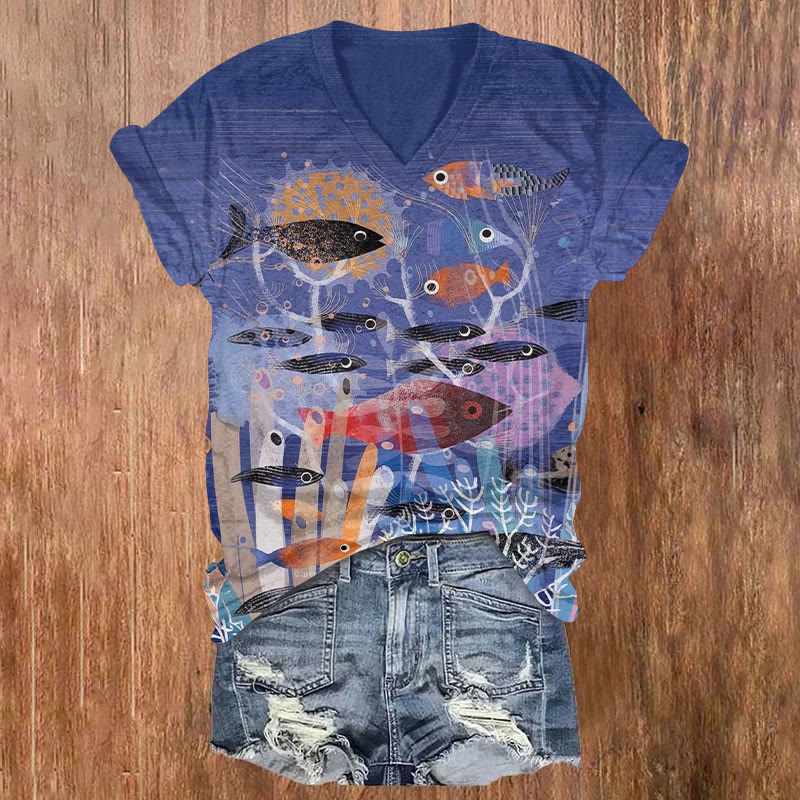 Retro Underwater Fish Art Print Short Sleeved V-neck T-shirt - Purple - US32-34(5XL) - image 1
