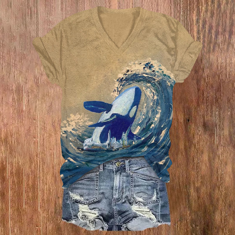 Whale Ocean Wave Art Print Short Sleeved V-neck T-shirt - Khaki - US32-34(5XL) - image 1
