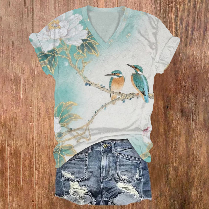 Japanese-style Floral And Bird Art Print Short Sleeved V-neck T-shirt - Green - US32-34(5XL) - image 1