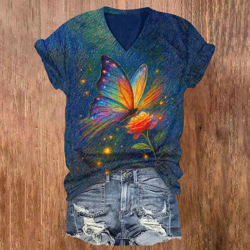 Artistic Butterfly Print Short Sleeved V-neck T-shirt - Blue - US32-34(5XL) - image 1