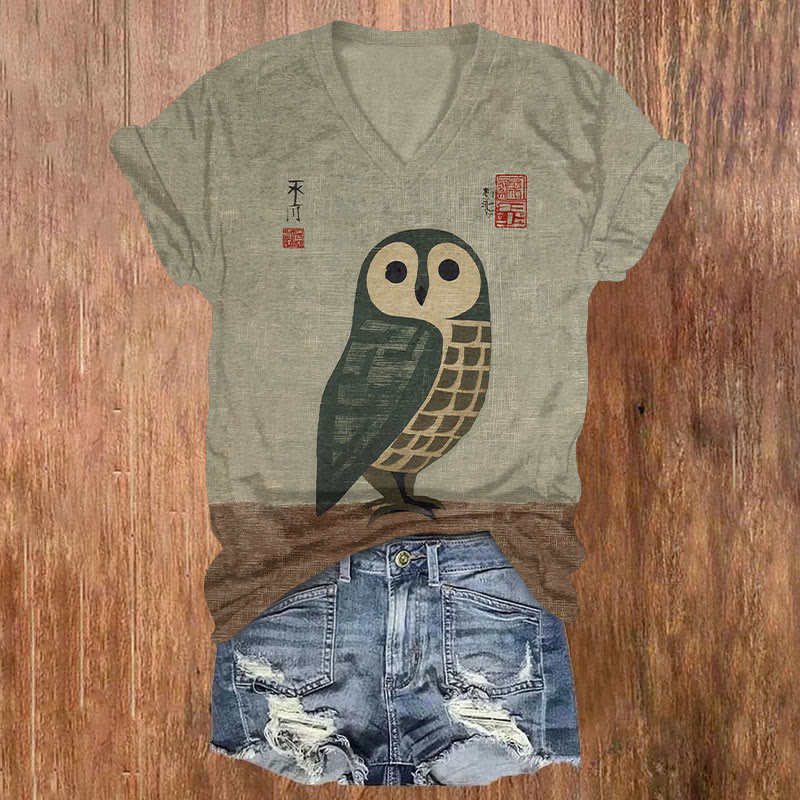 Japanese Art Owl Print Short Sleeved V-neck T-shirt - Olive Green - US32-34(5XL) - image 1