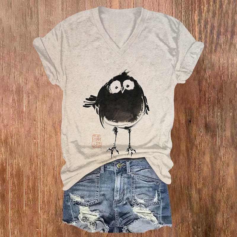 Japanese Art Bird Print Short Sleeved V-neck T-shirt - Apricot - US32-34(5XL) - image 1