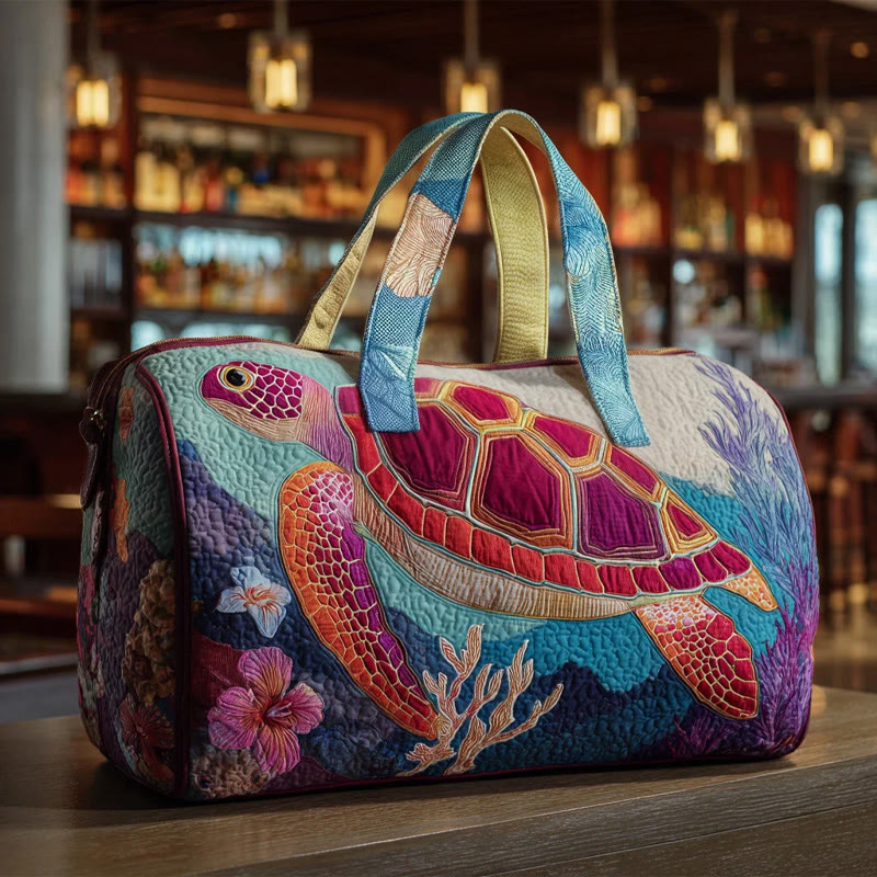 Boho Coral Sea Turtle Pattern Print Quilted Duffle Bag - Pink - one size - image 1