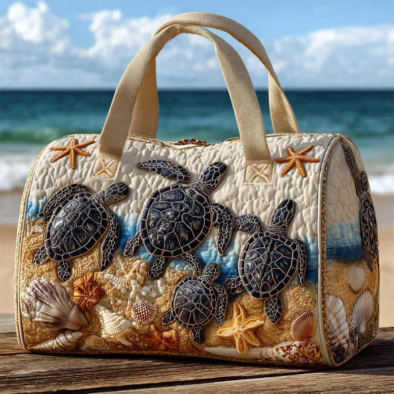 Beach Turtle And Seashell Pattern Print Quilted Duffle Bag - White - one size - image 1