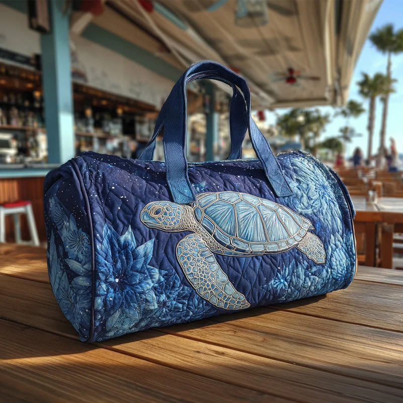 Ocean Floral Turtle Art Pattern Print Quilted Duffle Bag - Dark Blue - one size - image 1