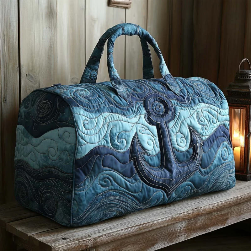 Waves And Anchor Art Pattern Print Quilted Duffle Bag - Blue - one size - image 1