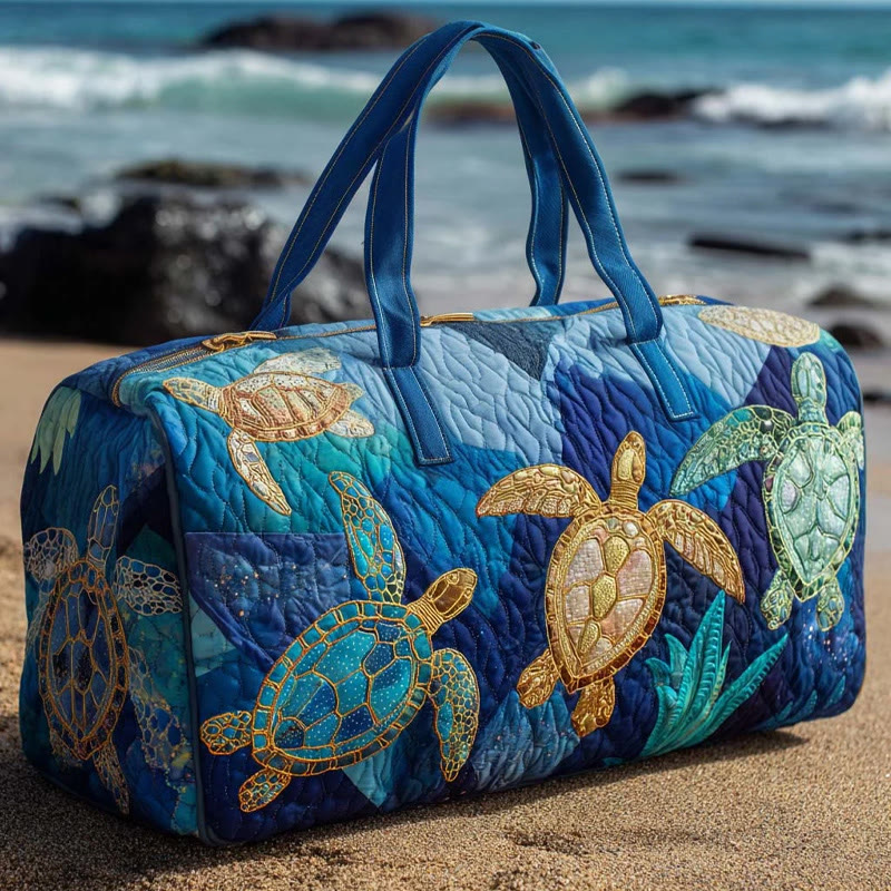 Ocean Turtle Patchwork Art Pattern Print Quilted Duffle Bag - Blue - one size - image 1