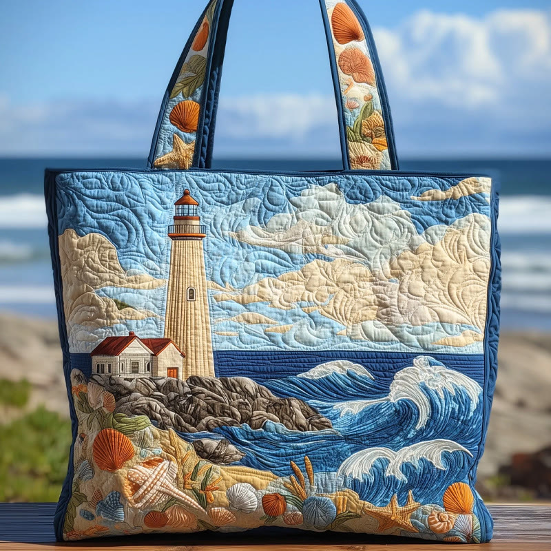 Beach Resort Lighthouse Shell Pattern Quilted Tote Bag - Blue - one size - image 1