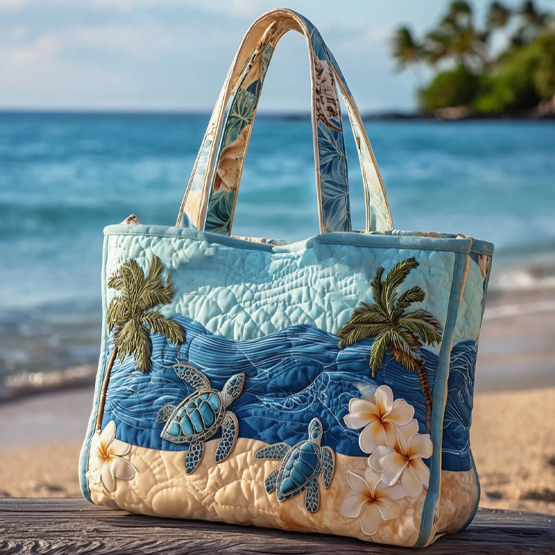 Beach Palm Turtle Pattern Quilted Tote Bag - Blue - one size - image 1