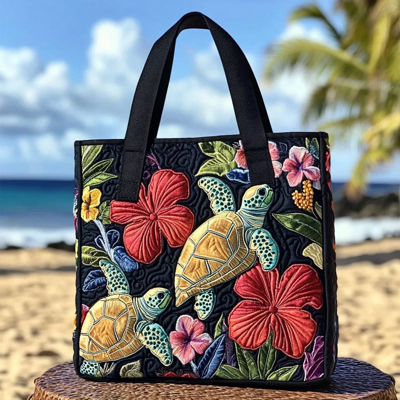 Beach Tropical Flower Turtle Pattern Quilted Tote Bag - Black - one size - image 1