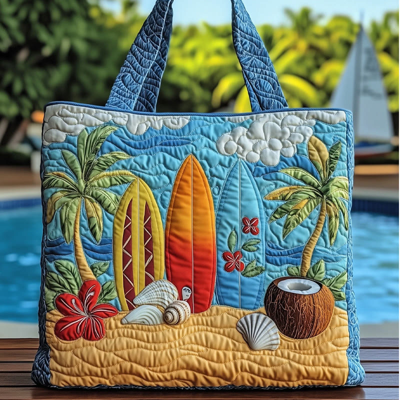 Beach Tropical Resort Coconut Surfboard Pattern Quilted Tote Bag - Blue - one size - image 1