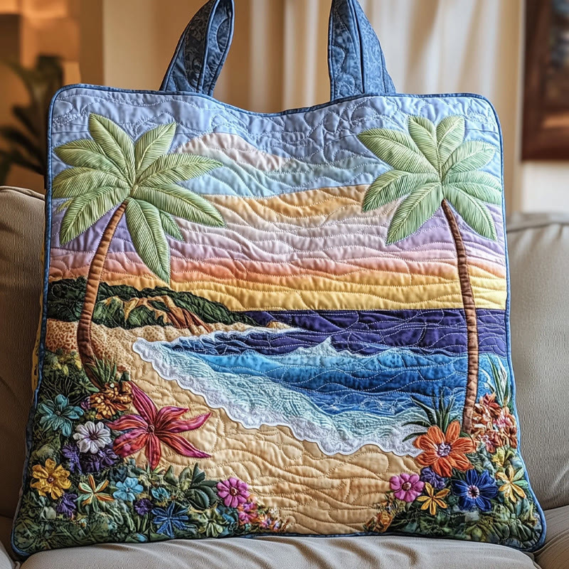 Beach Sunset Palm Tree Pattern Quilted Tote Bag - Blue - one size - image 1