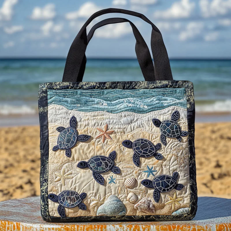 Beach Shell And Turtle Pattern Quilted Tote Bag - Black - one size - image 1