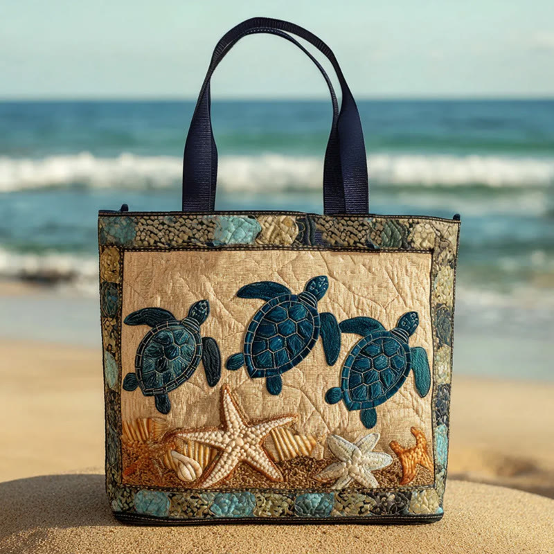 Beach Vacation Turtle And Starfish Pattern Quilted Tote Bag - Multicolor - one size - image 1