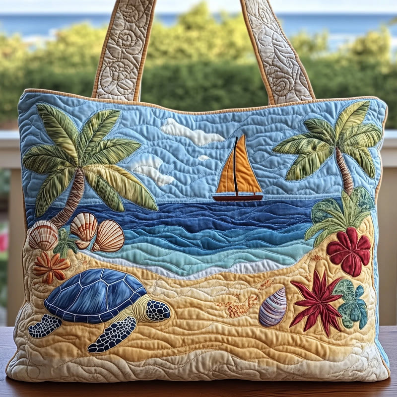 Beach Turtle Sailboat Pattern Quilted Tote Bag - Multicolor - one size - image 1